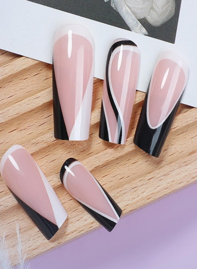 SINHOT Square Press on Nails Medium Fake Nails Glossy Glue on Nails Black White Swirl Acrylic Nails Squoval Artificial Nails French Tip Stick on False Nails with Design 24pcs - Image 4